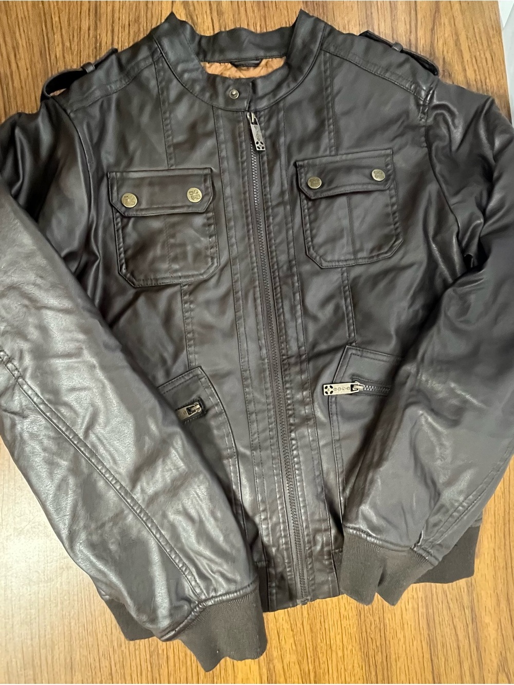 Whispering Smith Men's Brown Faux Leather Bomber Jacket with Chest Pockets
